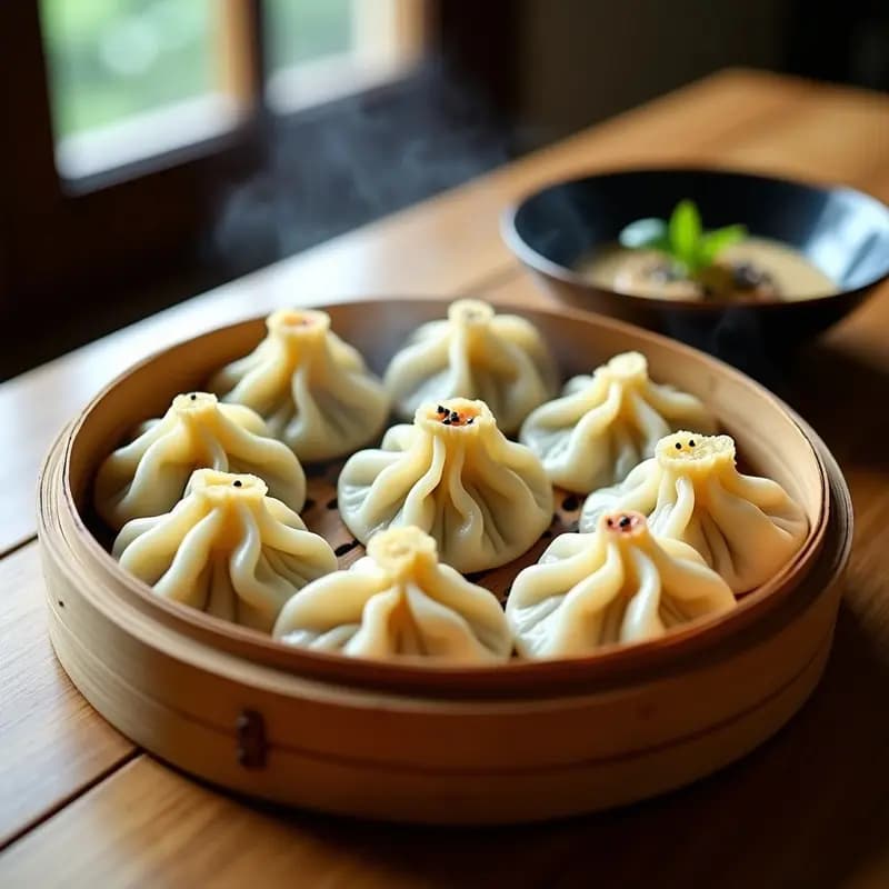 Gyoza japoneses de col y champiñones al vapor, dispuestos en una vaporera de bambú sobre un mantel de lino. Los gyoza tienen una masa translúcida y brillante, con pliegues perfectamente sellados. Acompañados de un bol pequeño con salsa de sésamo cremosa espolvoreada con semillas de sésamo tostadas. Fondos de hoja de bambú y utensilios de madera para un ambiente auténtico japonés.
