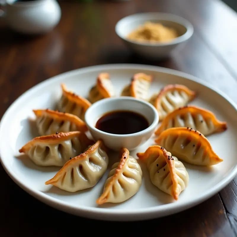 Plato blanco con gyoza de col morada y jengibre sin gluten doradas en sartén, con semillas de sésamo negro espolvoreadas y salsa de tamari al lado, receta japonesa crujiente y colorida.