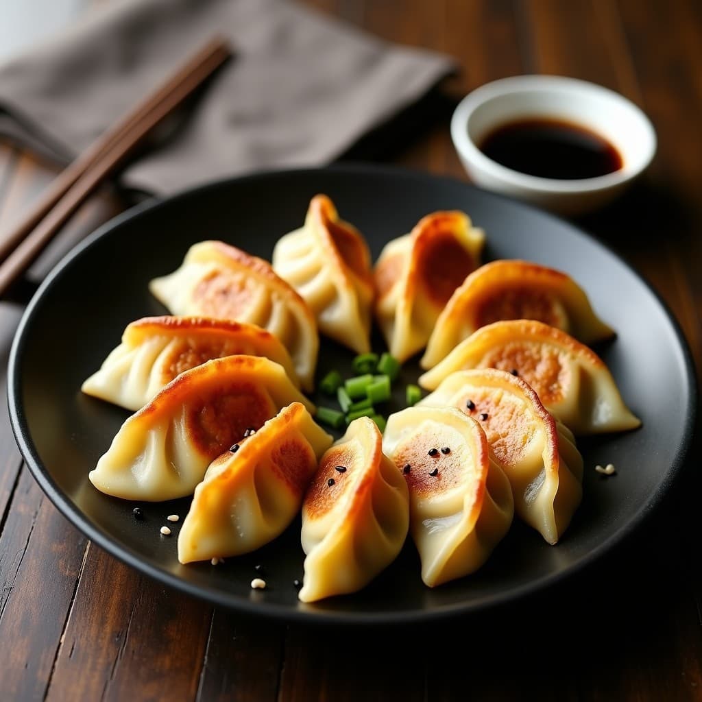 Gyoza veganas doradas y crujientes en forma de media luna, rellenas de col morada y tofu, servidas en un plato de cerámica negra con salsa de sésamo y semillas de sésamo espolvoreadas, receta japonesa en airfryer.