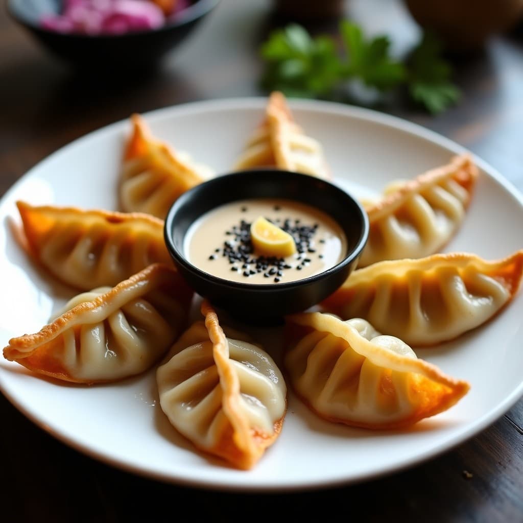 Plato blanco con gyoza doradas de col morada y tofu, dispuestas en círculo con un bol pequeño de dip de sésamo negro y jengibre en el centro. Decorado con semillas de sésamo negro y rodajas de jengibre fresco. Entrante japonés keto crujiente y colorido.