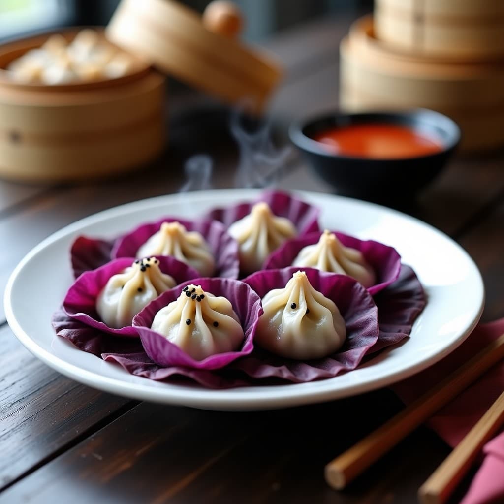 Plato blanco con gyoza al vapor de col morada y tofu, con bordes bien sellados y pliegues decorativos, servidos sobre hoja de lechuga morada. Acompañados de un bol pequeño con salsa de chile sweet brillante y semillas de sésamo negro espolvoreadas. Fondo borroso con vapor y utensilios de bambú.