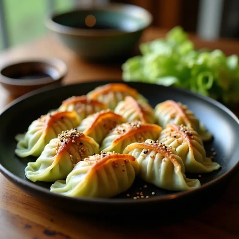 Gyoza japonesas de col rellena de tofu doradas en sartén antiadherente, con semillas de sésamo espolvoreadas y salsa de tamari al lado, receta vegana y sin gluten.