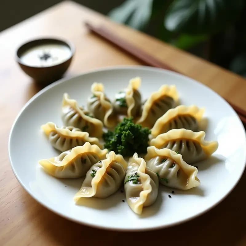 Plato blanco con gyoza veganos al vapor de col rizada y hongos shitake, decorados con semillas de sésamo negro y tiras de nori, servidos con salsa de soja negra y vinagre de arroz.