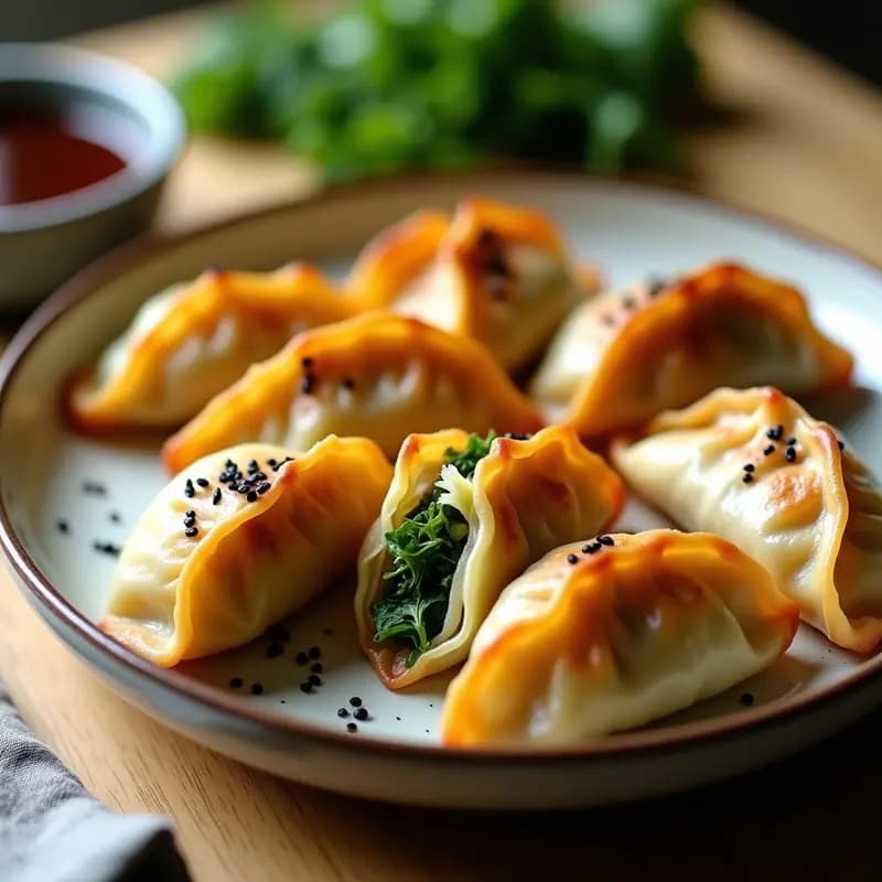 Plato blanco con gyoza veganas de col rizada y jengibre doradas y crujientes, dispuestas en círculo sobre una hoja de lechuga, acompañadas de un bol pequeño con salsa de sésamo y limón. Primer plano de una gyoza abierta mostrando el relleno verde y aromático.