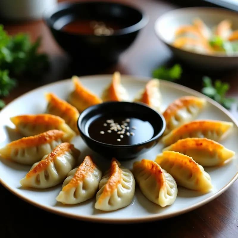 Plato blanco con gyoza de col rizada y jengibre veganas, cocinadas al vapor, dispuestas en círculo con salsa de tahini y limón al centro, decoradas con semillas de sésamo y cebollino picado.