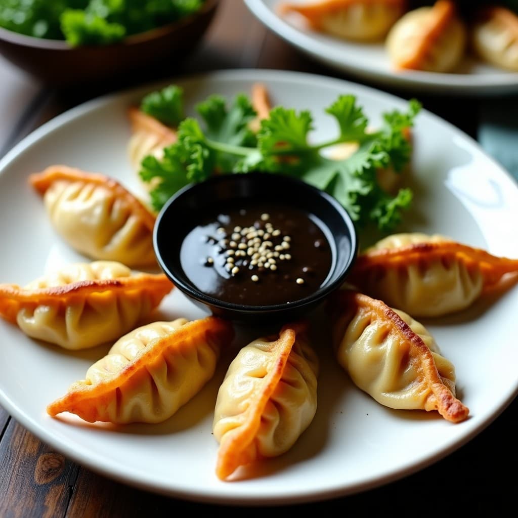 Plato blanco con gyoza de col rizada y queso vegano doradas por la base, dispuestas en círculo con dip de sésamo negro en el centro, decoradas con semillas de sésamo y hojas de col rizada fresca. Receta japonesa sin gluten en 20 minutos.