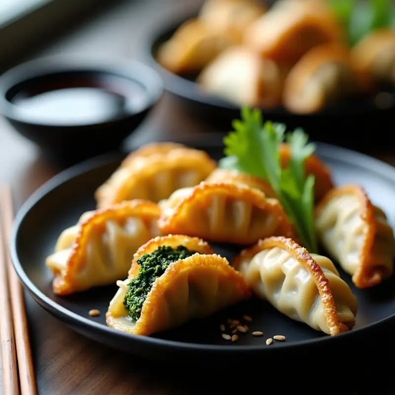 Gyoza japonesas veganas de col rizada y setas shiitake doradas en sartén, con base crujiente y semillas de sésamo tostadas, servidas en plato de cerámica negra con salsa de soja al lado.