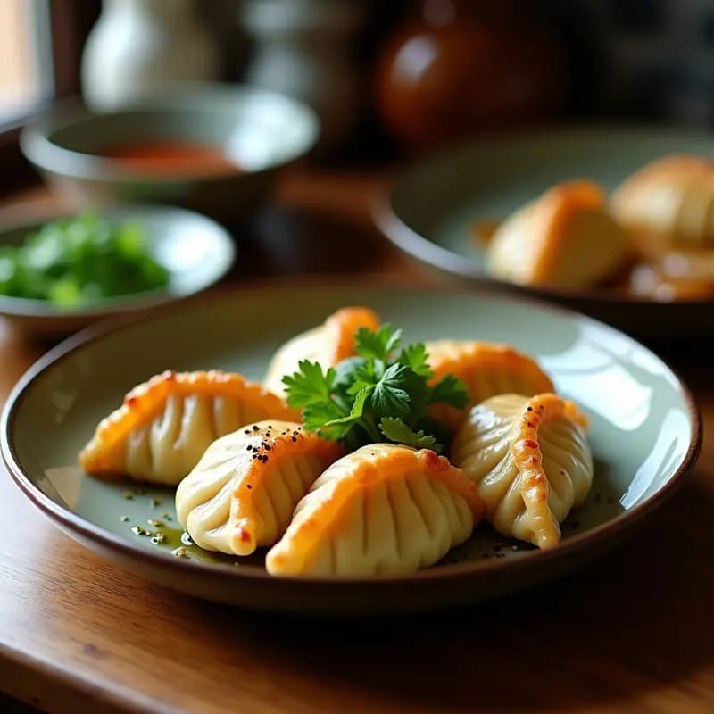 Plato blanco con gyoza japoneses veganos al vapor, rellenos de col rizada y shitake, dispuestos en círculo y decorados con semillas de sésamo tostadas y un hilo de aceite de sésamo. Fondo neutro con vapor visible.