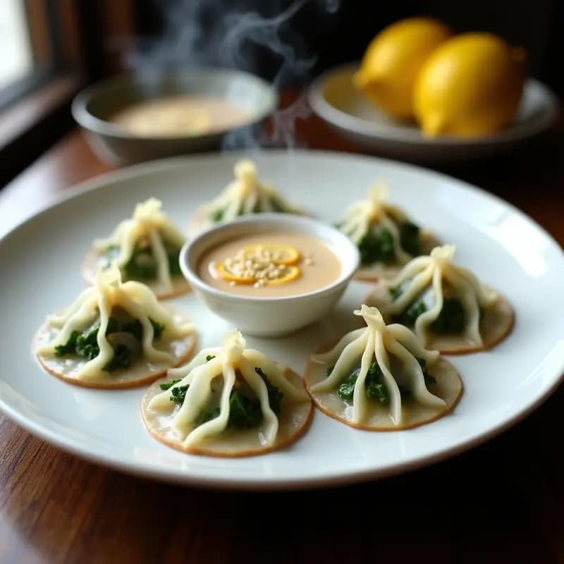 Plato blanco con gyoza veganos al vapor de col rizada y tofu, obleas translúcidas con pliegues decorativos, servidos con salsa de sésamo y limón, decorados con semillas de sésamo tostadas y rodajas de limón.
