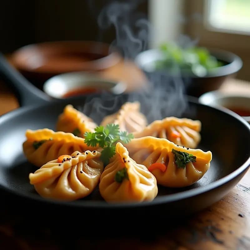 Gyoza doradas y crujientes en sartén antiadherente, rellenas de col rizada y zanahoria, con semillas de sésamo negro espolvoreadas. Receta japonesa vegana y sin gluten, servidas con salsa de soja.