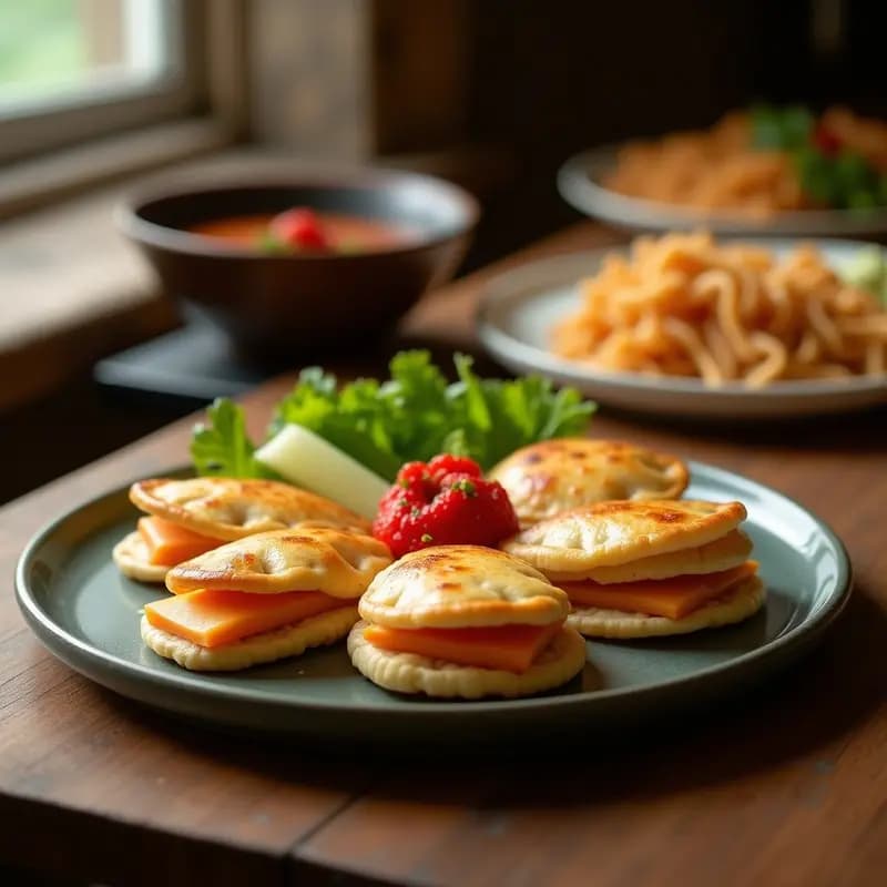 Plato blanco con gyoza de col rizada y tofu al vapor, plegadas en forma de media luna, doradas ligeramente, acompañadas de un pequeño cuenco con salsa ponzu oscura y semillas de sésamo negro espolvoreadas. Receta sin gluten y vegana.