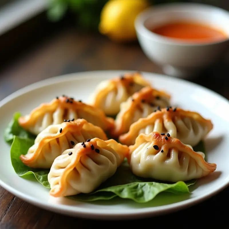 Plato blanco con gyoza de coliflor y cerdo doradas en sartén, con bordes perfectamente sellados y servidas sobre hojas de lechuga, acompañadas de un cuenco pequeño con salsa ponzu brillante y semillas de sésamo negro espolvoreadas.
