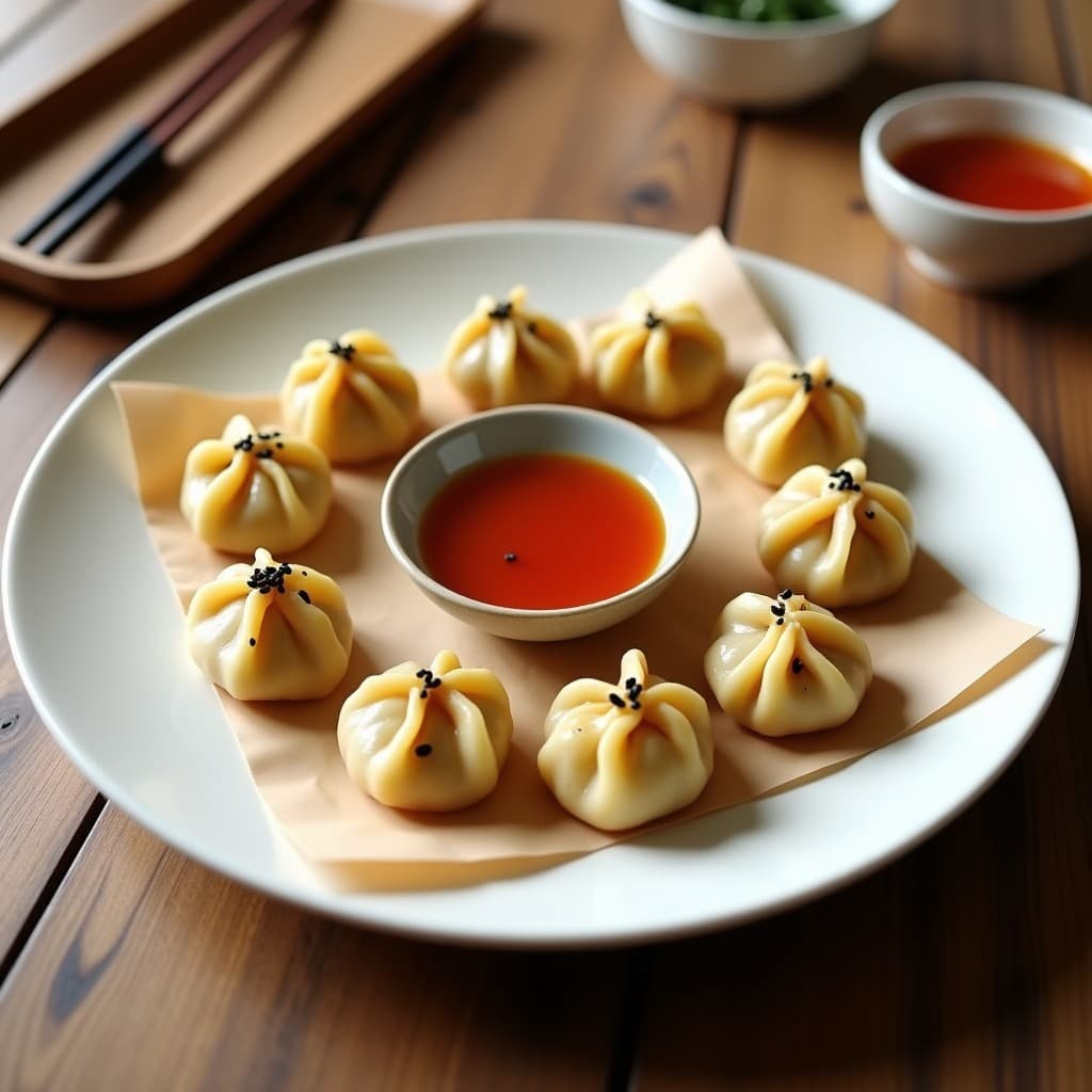 Plato blanco con gyoza veganos de coliflor y champiñones al vapor, dispuestos en círculo sobre una hoja de parchment. Acompañados de un bol pequeño con salsa ponzu dorada, semillas de sésamo negro y copos de alga nori. Fondos borrosos de utensilios de cocina japoneses.