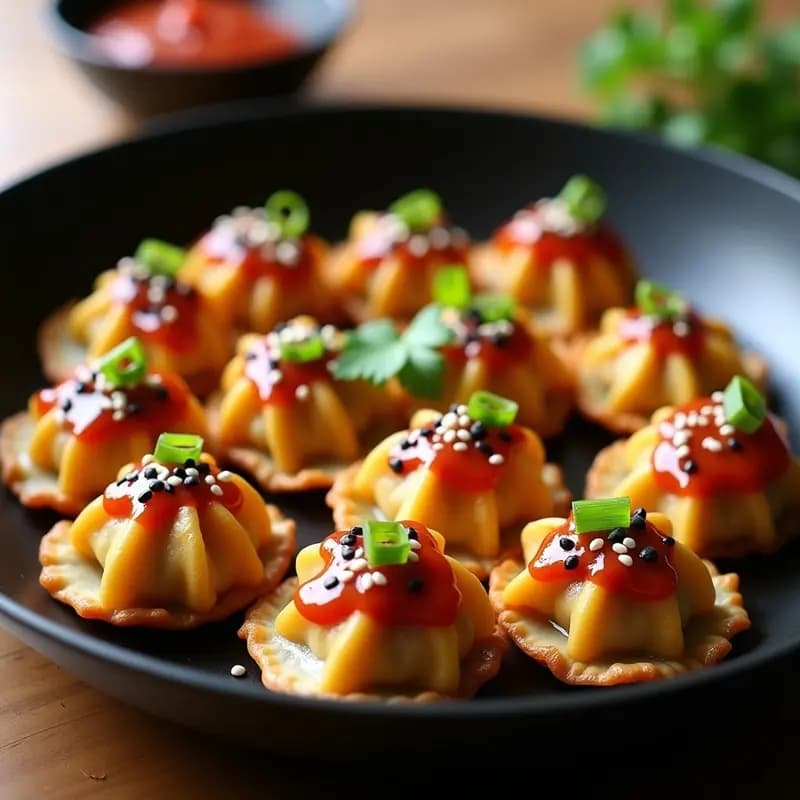Gyoza de coliflor y Chongqing doradas y crujientes en sartén antiadherente, con salsa picante de sésamo y semillas espolvoreadas. Receta china keto baja en carbohidratos.