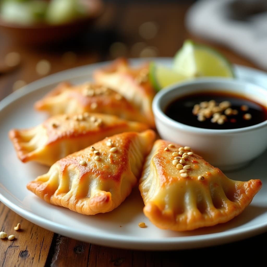 Plato blanco con gyoza dorados de coliflor y jengibre keto en airfryer, acompañados de salsa de soja sin gluten y semillas de sésamo, sobre fondo de madera rústica.