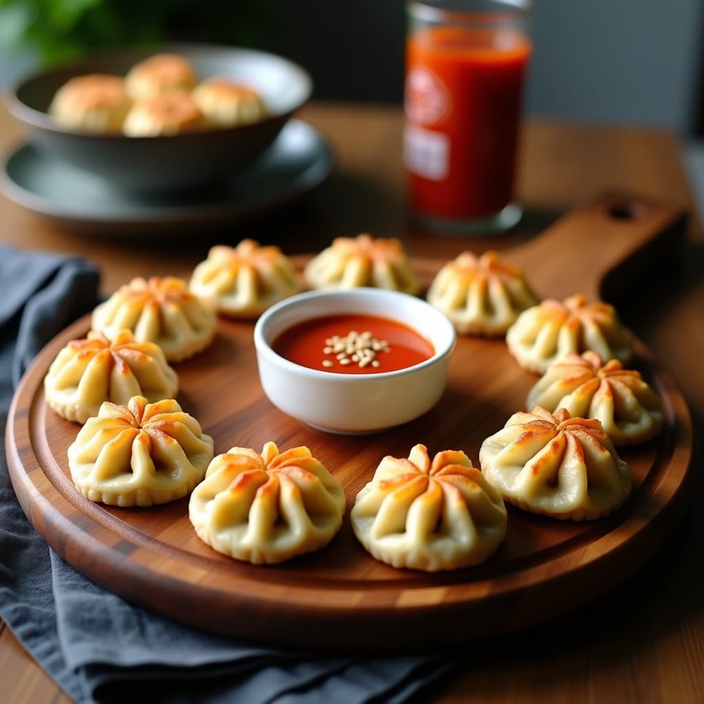 Bandeja de gyoza keto de coliflor y tofu con forma de media luna, dorados y espolvoreados con semillas de sésamo, acompañados de un dip cremoso de sriracha y tahini en un bol pequeño. Plato de fondo oscuro con detalles de cebollino picado.