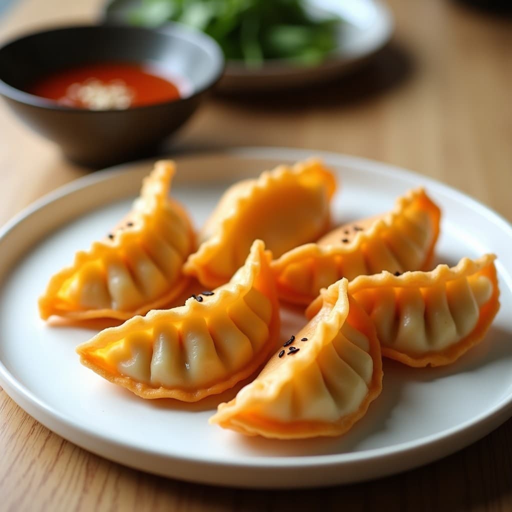 Gyoza dorados y crujientes de coliflor y zanahoria en un plato blanco, acompañados de salsa ponzu en un pequeño cuenco de cerámica y semillas de sésamo espolvoreadas. Receta japonesa keto en airfryer.