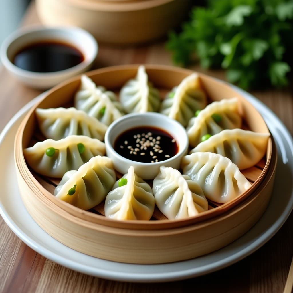 Plato blanco con gyoza veganos al vapor de edamame y shitake, dispuestos en círculo con salsa de tamari oscura y semillas de sésamo negro. Fondo de vaporera de bambú y hierbas frescas.