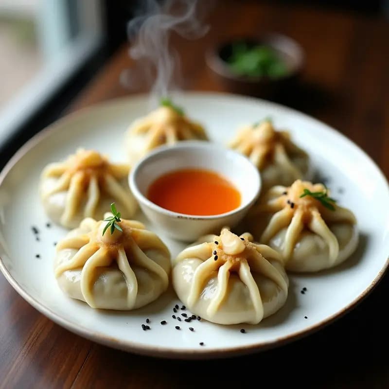 Gyoza veganas de espárragos verdes y hongos shimeji al vapor, dispuestas en vaporera de bambú con puntas de espárrago como decoración, servidas con salsa de ponzu y aceite de sésamo.