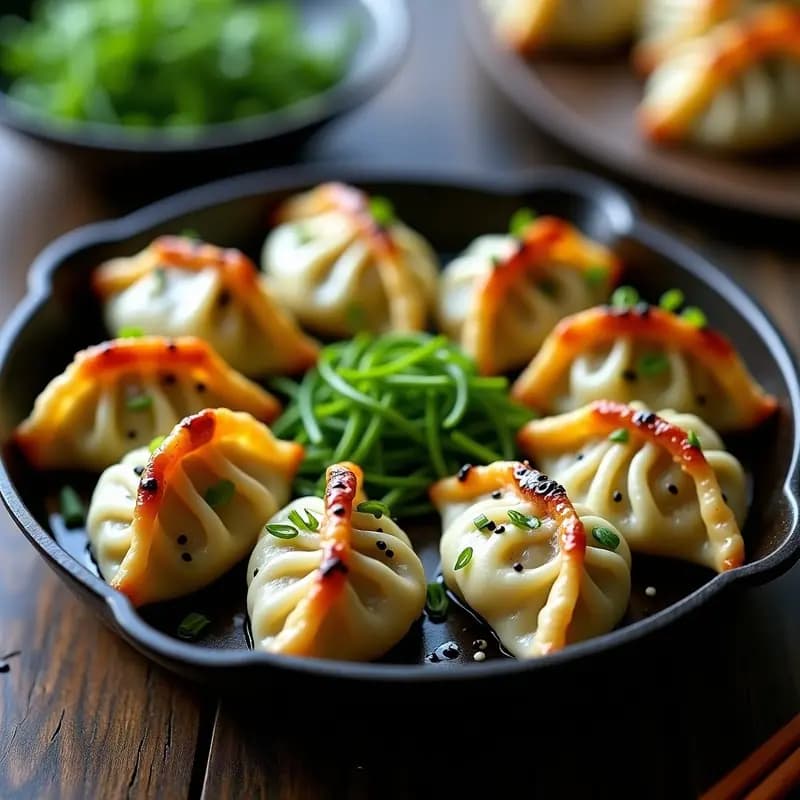 Plato de gyoza dorados en sartén con relleno de espárragos verdes y queso de cabra, bañados en salsa de sésamo negro, decorados con cebollino picado y semillas de sésamo negro. Receta japonesa de temporada crujiente y gourmet.