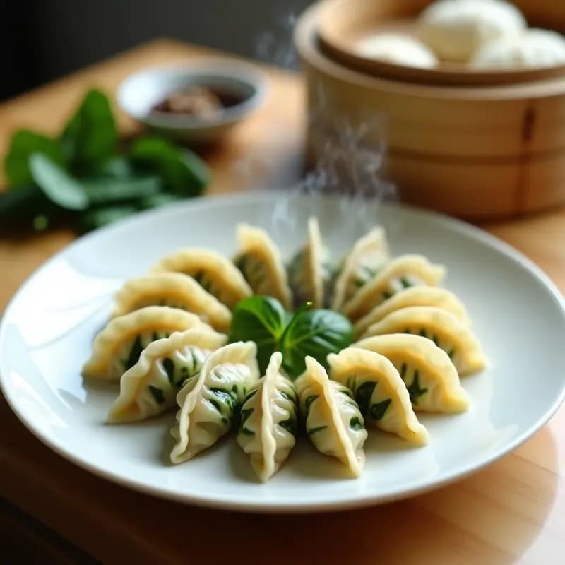 Plato blanco con gyoza japoneses veganos al vapor de espinaca y tofu, dispuestos en círculo y acompañados de salsa de soja oscura con semillas de sésamo. Fondos de vapor y hojas de espinaca fresca como decoración.