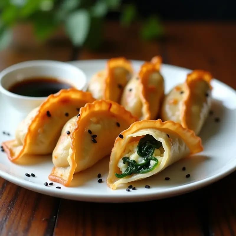 Plato blanco con gyoza japonesas doradas y crujientes, rellenas de espinacas y queso de anacardos, servidas con salsa de soja y espolvoreadas con semillas de sésamo negro. Receta vegana en airfryer.