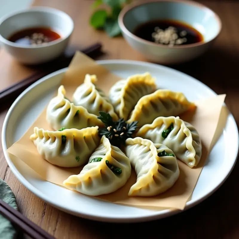 Plato blanco con gyoza veganas al vapor de espinacas y queso de anacardos, dispuestas en círculo con brillante acabado dorado por aceite de sésamo, acompañadas de salsa tamari y semillas de sésamo negro espolvoreadas.