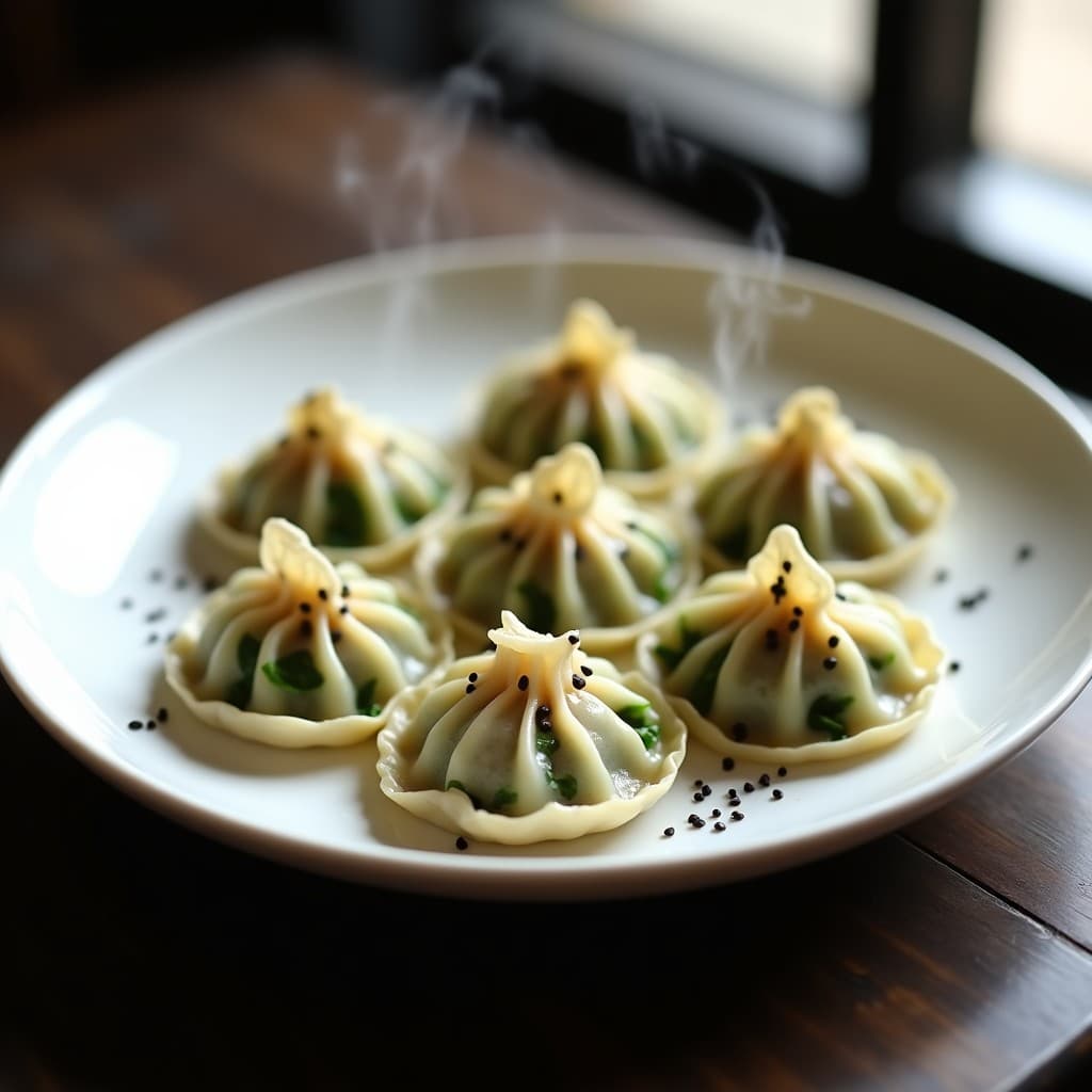 Plato blanco con gyoza de espinacas y queso de cabra al vapor, masa translúcida y relleno cremoso, espolvoreados con semillas de sésamo negro. Receta japonesa baja en carbohidratos y keto.