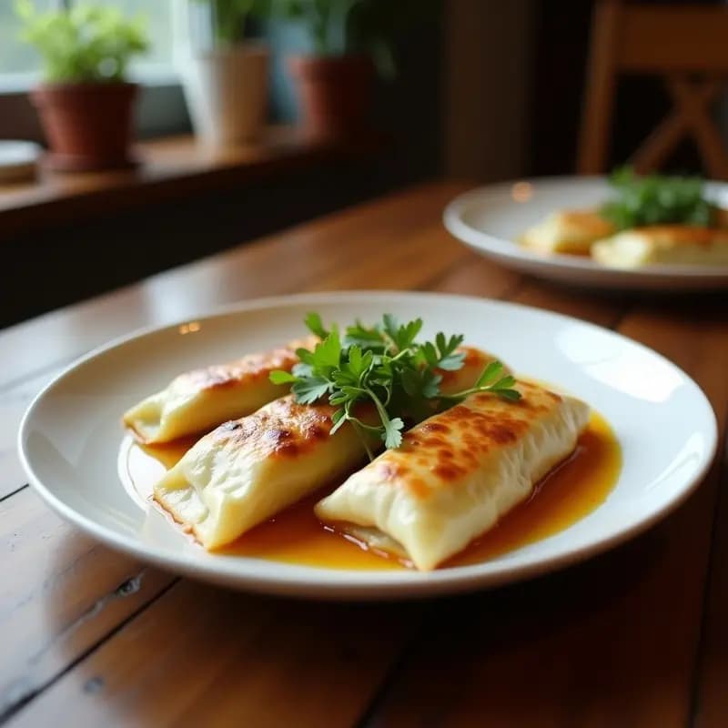 Plato blanco con gyoza vegana de espinacas y queso de cabra doradas por la base, dispuestas en círculo. Se aprecian los pliegues de la masa y el relleno verde. Acompañadas de salsa de soja y semillas de sésamo espolvoreadas, receta japonesa en sartén antiadherente.
