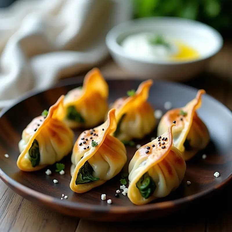 Plato blanco con gyoza de espinacas y queso feta doradas por abajo, plegadas de forma tradicional, espolvoreadas con semillas de sésamo y acompañadas de una salsa oscura. Receta fusión japonesa-griega crujiente.