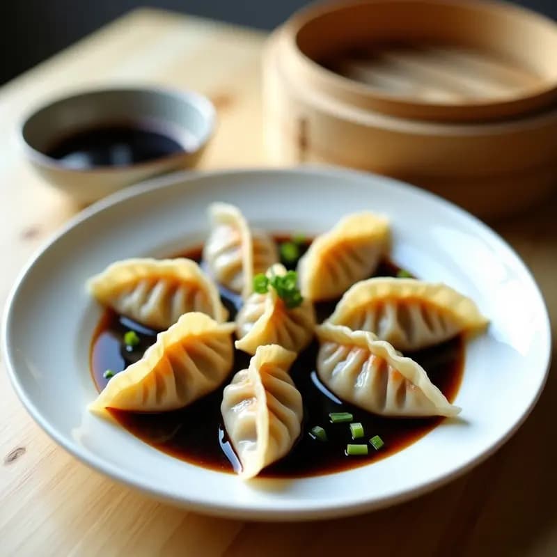 Plato blanco con gyoza de gambas y shiitake al vapor dispuestos en círculo, brillantes y translúcidos, acompañados de un cuenco pequeño con salsa de soja negra. Decorados con hojas de cilantro fresco y rodajas de cebolla morada. Receta china baja en grasas.