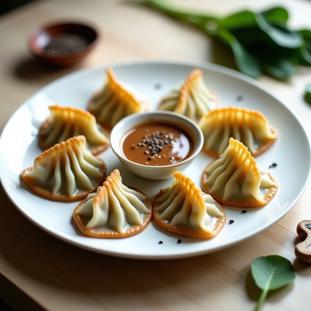 Plato blanco con gyoza de hongos shiitake y espinacas al vapor, dispuestos en círculo y acompañados de un bol pequeño con salsa de sésamo espesa y semillas de sésamo negro espolvoreadas, receta vegana en Thermomix.