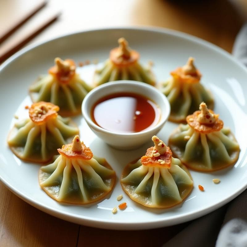 Plato blanco con gyoza de hongos portobello y edamame vegana al vapor, dorados por abajo, servidos con salsa ponzu brillante y semillas de sésamo tostadas. Fondo minimalista con tenedores de madera.