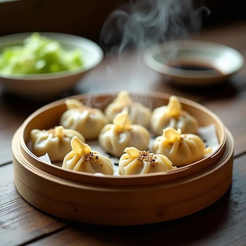 Gyoza japonesa al vapor sin gluten, con masa translúcida y relleno de hongos shiitake y repollo, servidas en una vaporera de bambú con semillas de sésamo tostadas y salsa de soja.