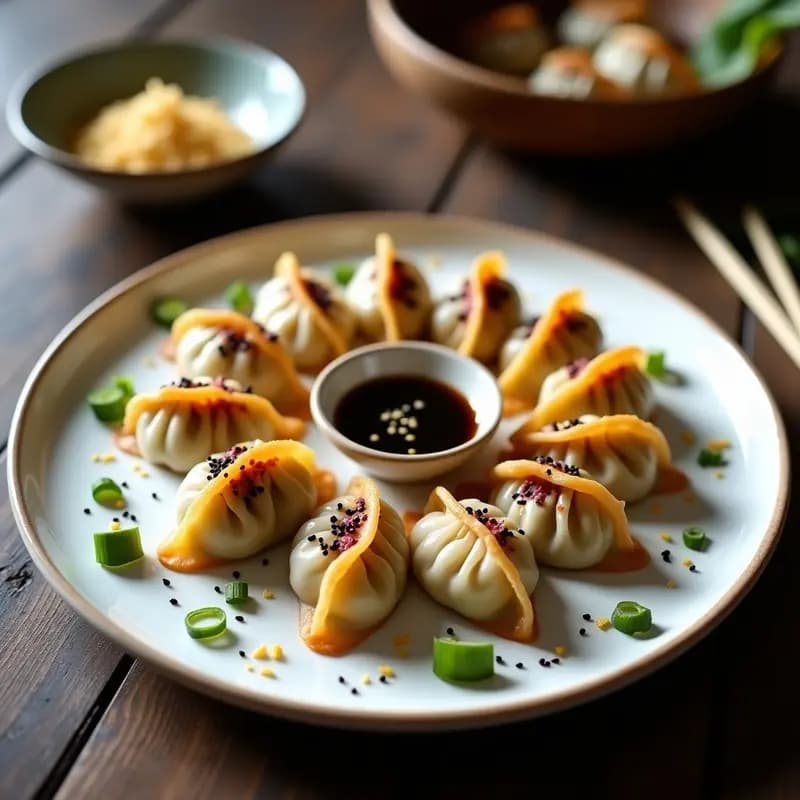 Plato blanco con gyoza veganos dorados y crujientes, rellenos de hongos shiitake y repollo, servidos en sartén antiadherente con semillas de sésamo negro y salsa de soja al lado.
