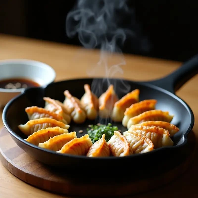 Plato blanco con gyozas veganas doradas y crujientes, rellenas de hongos shiitake y repollo, servidas con salsa de soja y semillas de sésamo negro. Receta japonesa de gyoza de hongos shiitake y repollo en sartén.