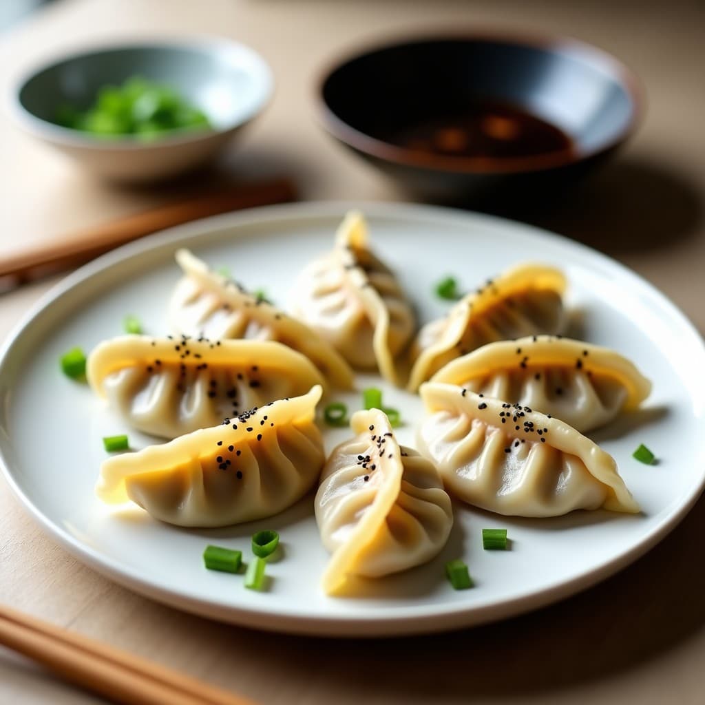 Plato blanco con gyoza veganas al vapor, rellenas de hongos shiitake y tofu sedoso, decoradas con semillas de sésamo negro y cebollino picado. Fondo minimalista con vapor visibles y salsa de soja en un cuenco pequeño.