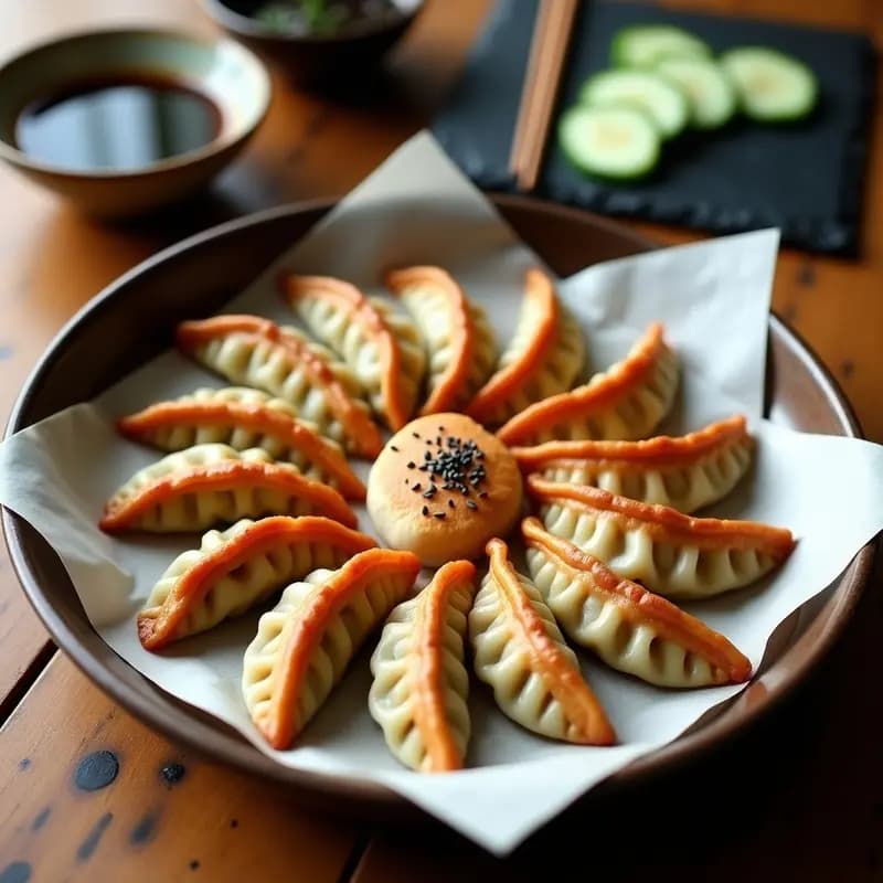Bandeja de gyoza al horno doradas con relleno de cerdo y repollo morado, dispuestas en círculo sobre papel de horno. Detalle de su textura crujiente y el vibrante color morado del repollo asomando por los bordes. Acompañadas de una salsa ligera de soja y sésamo en un cuenco pequeño.