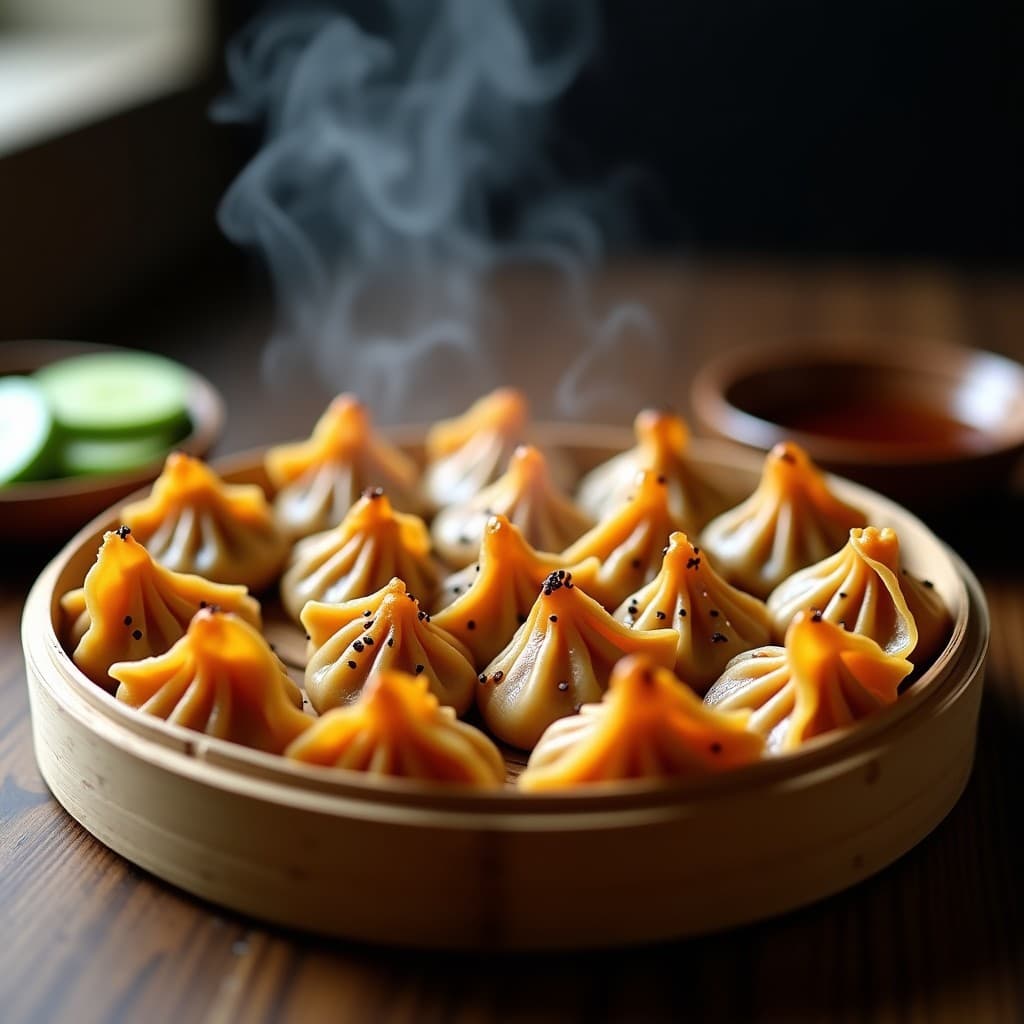 Gyoza veganos al vapor con relleno de jackfruit y champiñones shimeji, dispuestos en vaporera de bambú sobre fondo oscuro. Salsa teriyaki brillante y semillas de sésamo negro espolvoreadas. Presentación minimalista con rodajas de pepino encurtido al lado.