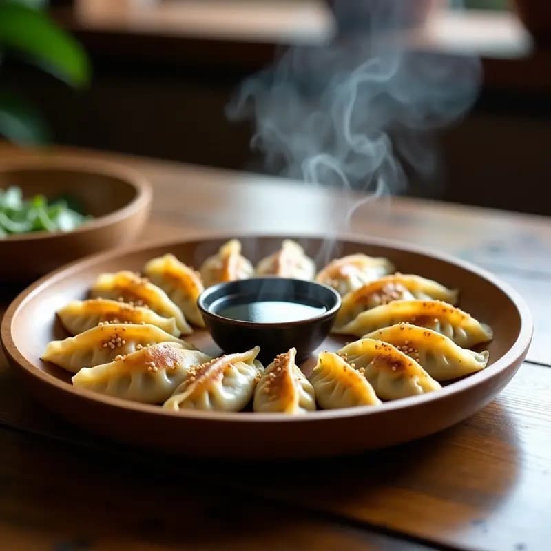 Gyoza japonesas al vapor con masa dorada baja en carbohidratos, rellenas de col blanca y hongos shitake, servidas en un plato de bambú con semillas de sésamo espolvoreadas y salsa de soja sin azúcar al lado.