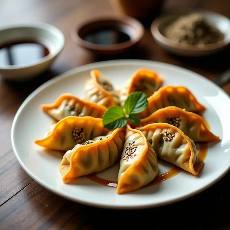 Plato blanco con gyoza japoneses veganos de camote y espinacas dorados y crujientes, servidos con salsa de soja y semillas de sésamo negro, receta en sartén antiadherente.