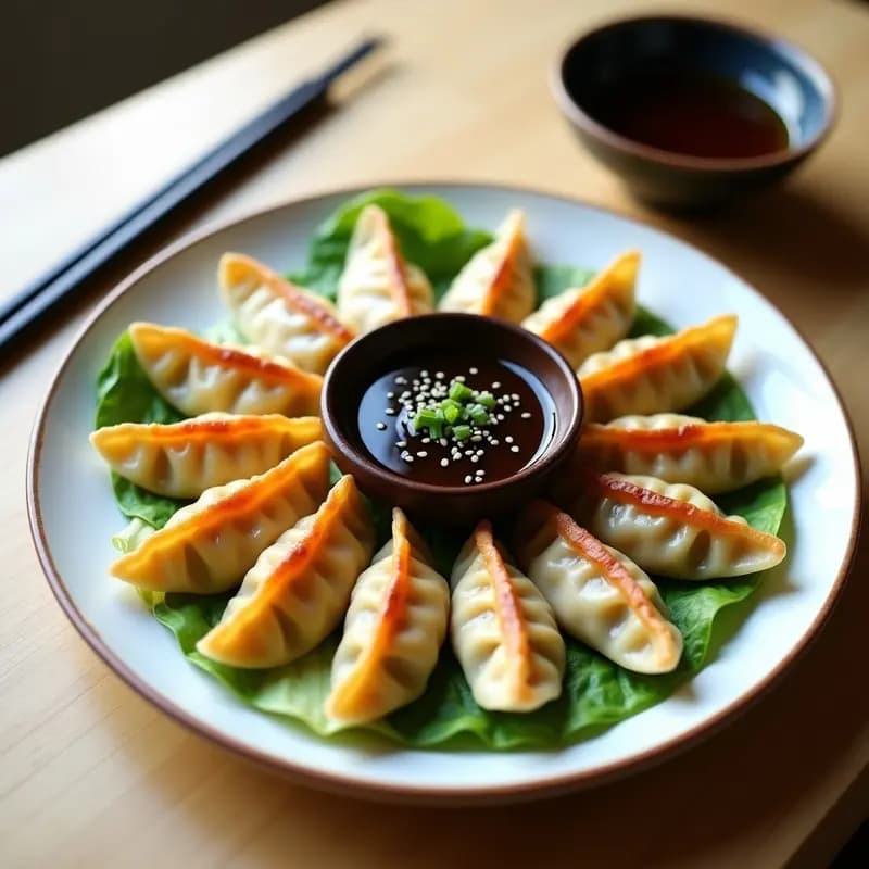 Plato blanco con gyoza de kolrabi y shiitake veganos dorados por la base, dispuestos en círculo sobre hojas de lechuga. Acompañados de un bol pequeño con salsa de sésamo y soya, espolvoreados con sésamo negro y cebollino fresco. Receta japonesa vegana baja en calorías.