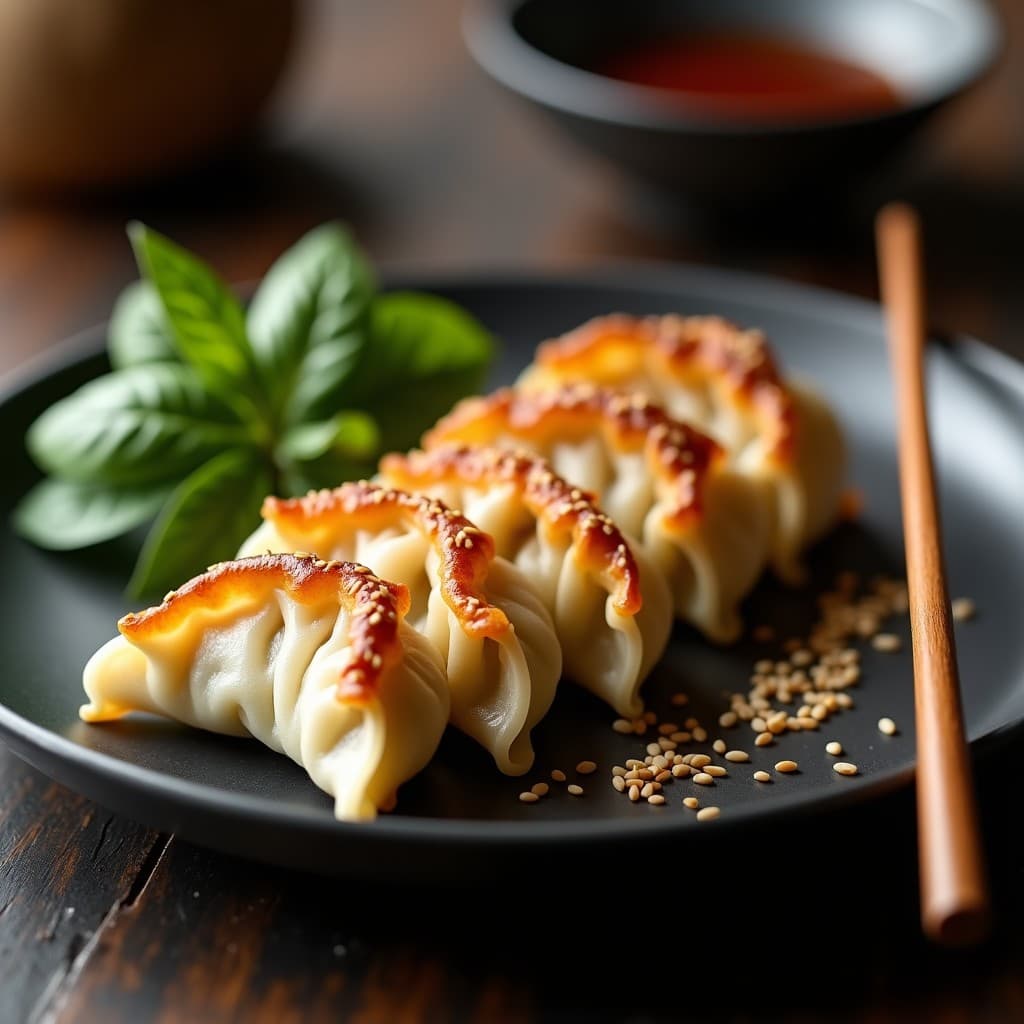 Gyoza japonesas keto con masa de konjac doradas y crujientes, rellenas de champiñones shiitake y espinacas, servidas en un plato negro con semillas de sésamo y salsa de tamari, receta airfryer.