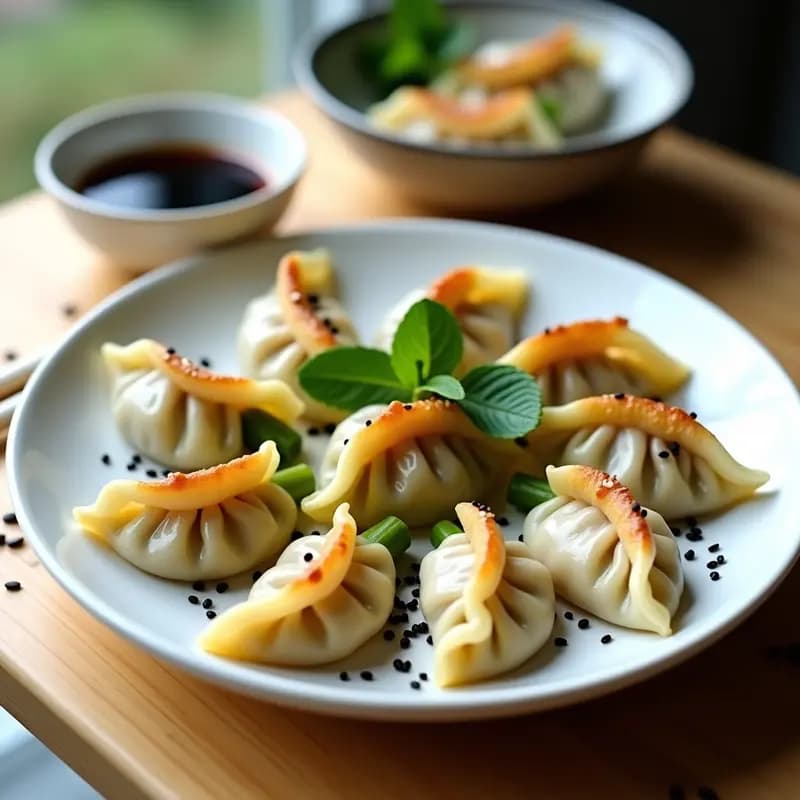 Gyoza japoneses primaverales sin gluten rellenos de polen de abeja y espárragos trigueros, servidos en un plato de cerámica negra con semillas de sésamo negro y salsa tamari al lado.