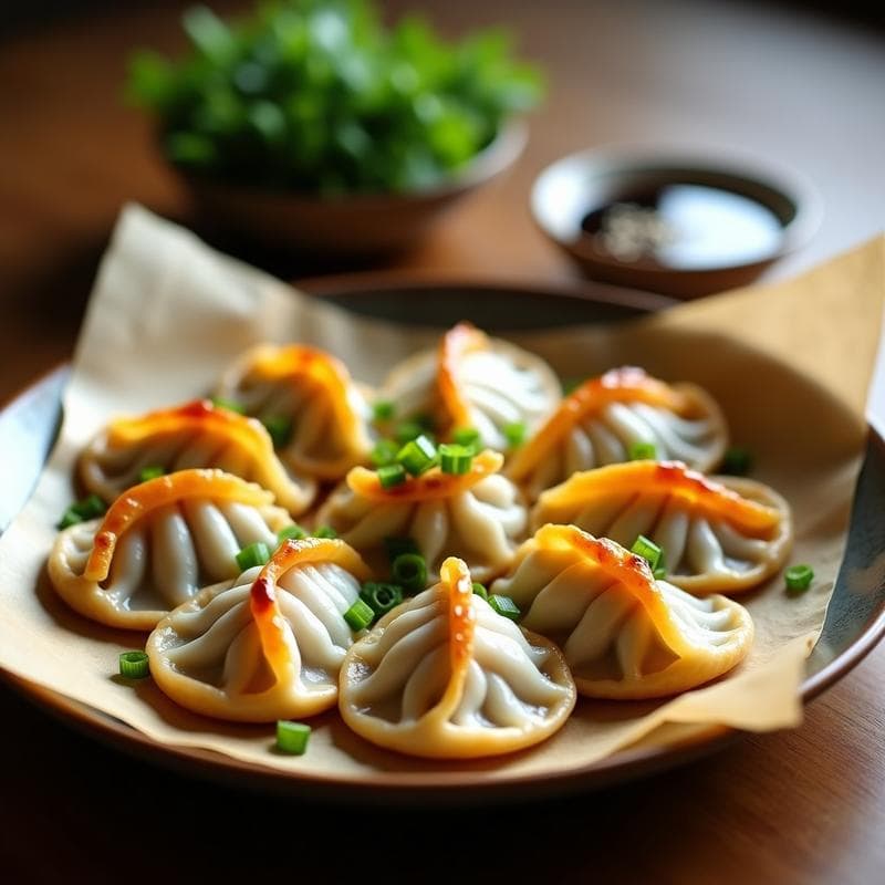Gyoza de pollo y cebollino al vapor en airfryer, dispuestos en círculo sobre papel de horno, con base dorada y brillante, decorados con cebollino fresco picado y servidos con salsa de soja oscura en un platito aparte.