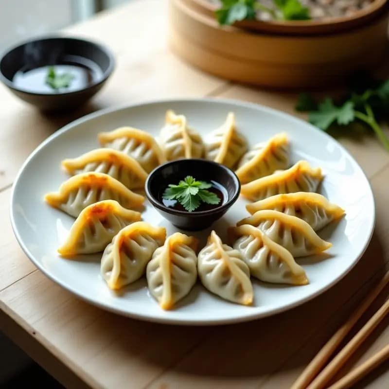 Plato blanco con gyoza de pollo y cilantro al vapor dispuestos en círculo, con bases ligeramente doradas y bordes plisados. Acompañados de una salsa oscura en un recipiente pequeño y decorados con hojas de cilantro fresco. Receta china en airfryer con umami explosivo.