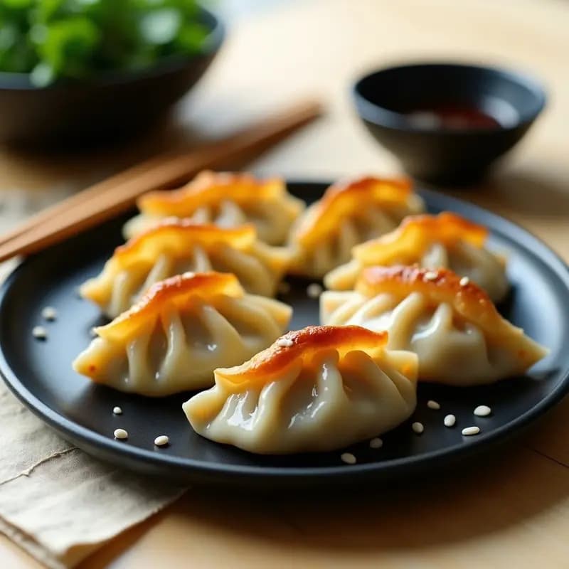 Gyoza de pollo y col china al vapor dispuestas en círculo sobre un plato blanco, con base ligeramente dorada, espolvoreadas con semillas de sésamo negro y acompañadas de un cuenco pequeño con salsa de soja y ponzu. Receta japonesa de tupper en airfryer.