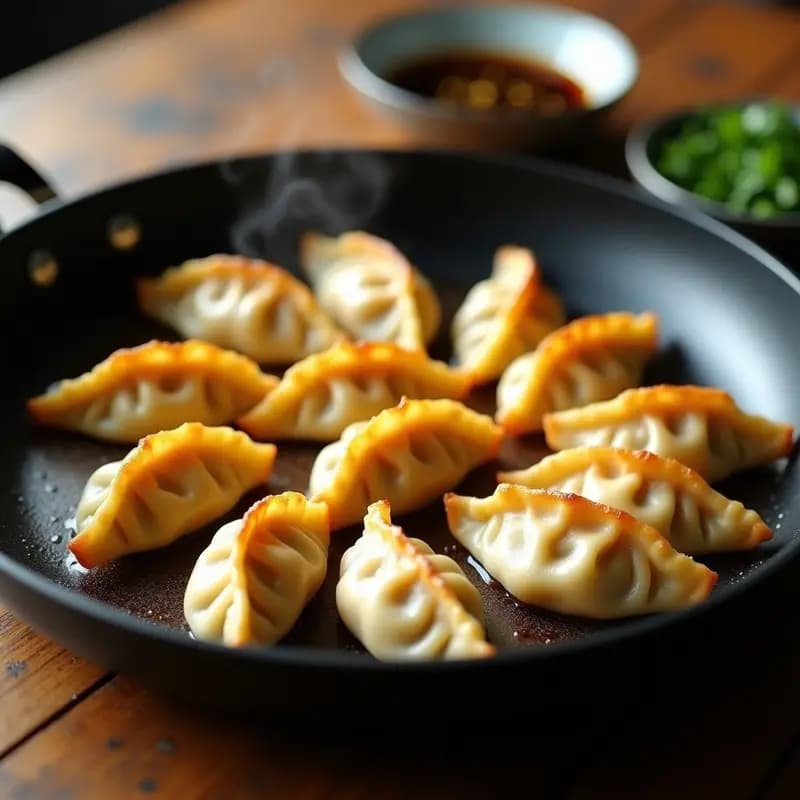Gyoza de pollo y col fermentada doradas y crujientes en sartén antiadherente, con pliegues perfectos y base dorada, servidas con salsa de soja y cilantro fresco.