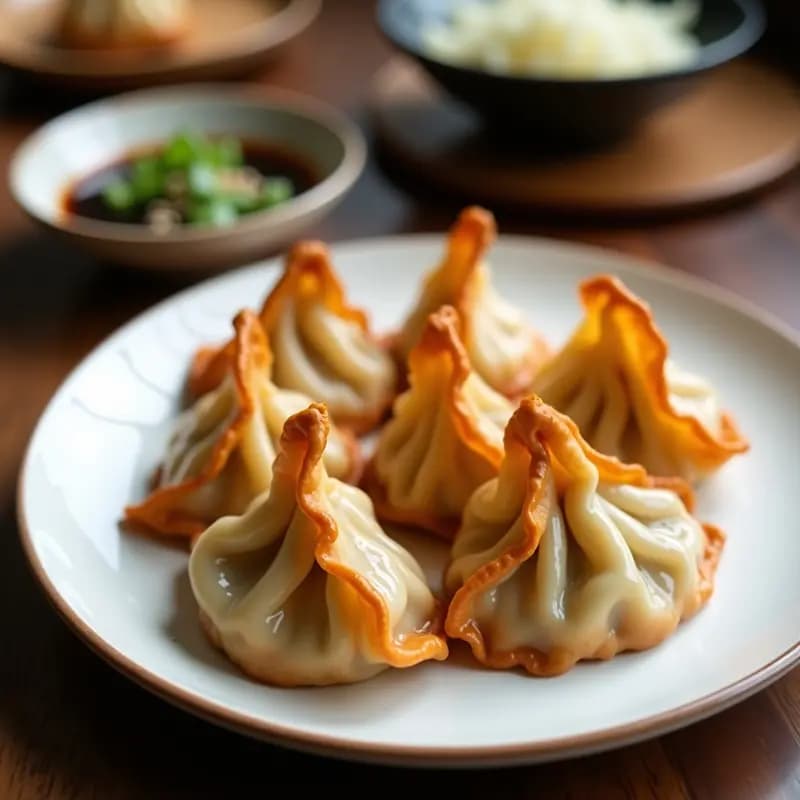 Gyoza de pollo y jengibre al vapor en airfryer, doradas y crujientes, servidas en un plato blanco con salsa de soja y cebollino picado, receta japonesa saludable.