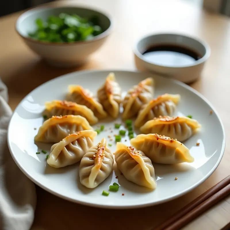 Plato blanco con gyoza de pollo y jengibre al vapor, dispuestas en círculo con brillo jugoso, acompañadas de salsa de soja y semillas de sésamo, sobre fondo de madera clara.